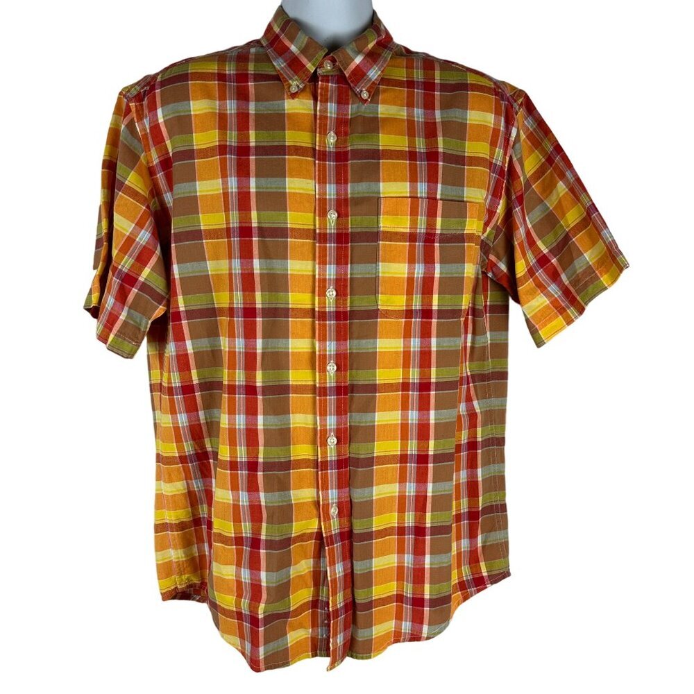 John Ashford Mens Plaid Button-Down Shirt Size M 100% Cotton Red & Yellow